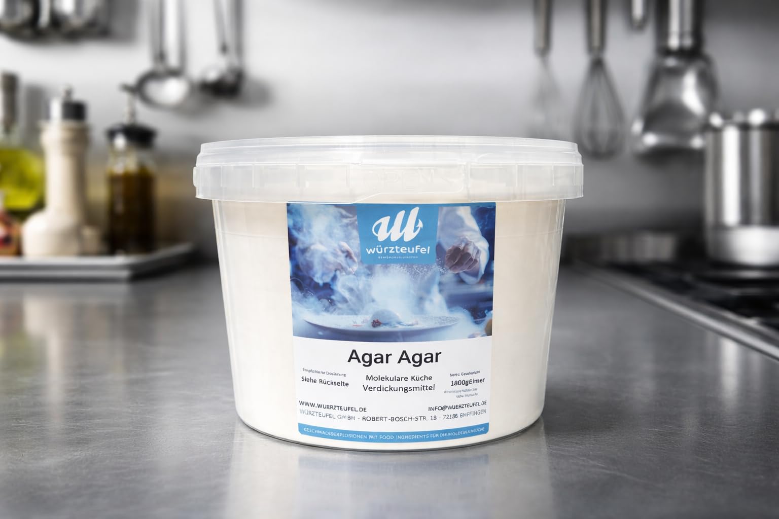 Agar Agar, gélatine végétale, gélifiant végétalien E406, poudre fine, seau en polyéthylène 1800 g (1,8 kg)