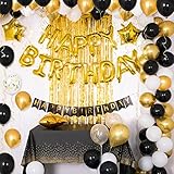 【Juego de Decoraciones para Fiesta】: 25 globos de látex dorados + 25 globos de látex negros + 25 globos de látex blancos + 2 globos estrellas doradas + 4 globos confeti dorados + Globos dorados con letras de Feliz cumpleaños + 2x Cortina de flecos dorada 1m + 2x Cintas doradas de 10 m + Mantel para mesa negro y dorado + Bomba de aire para inflar globos + 1x Soporte de mesa/suelo de globos + Luces LED de 4 m + 100 pegatinas redondas + 1 Guirnalda para formar Arco + 1x Atar nudos fácil.
