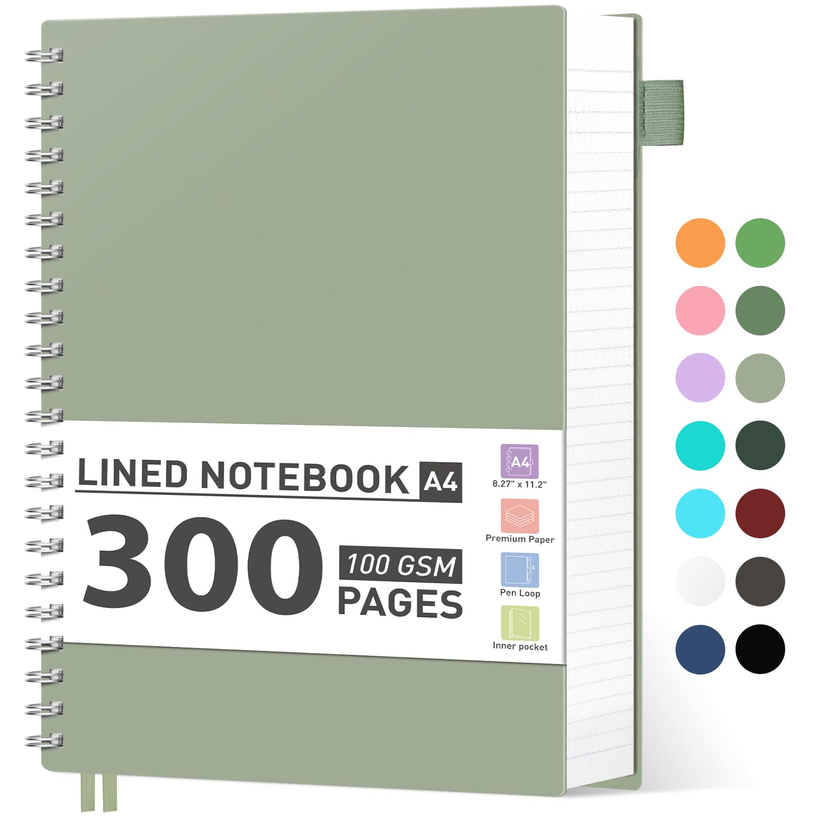 AHGXG Spiral Notebook College Ruled - Large Spiral Journal A4 Notebook 8.5" x 11", 300 Pages Writing Journal for Work, 100GSM Thick Paper, Plastic