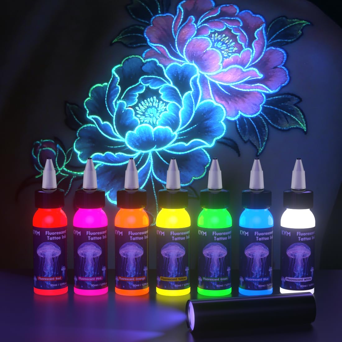 Amazon.co.jp: KVM 7色蛍光タトゥーインクセット、ボトルあたり30mL