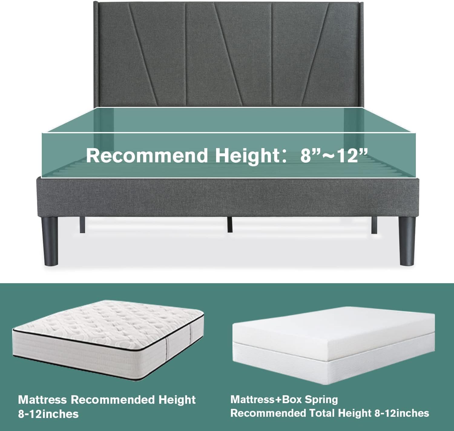 IMUsee Queen Size Bed Frame with Geometric Wingback Headboard, Upholstered Platform with Wood Slats Support, No Box Spring Needed, Easy Assembly, Dark Grey