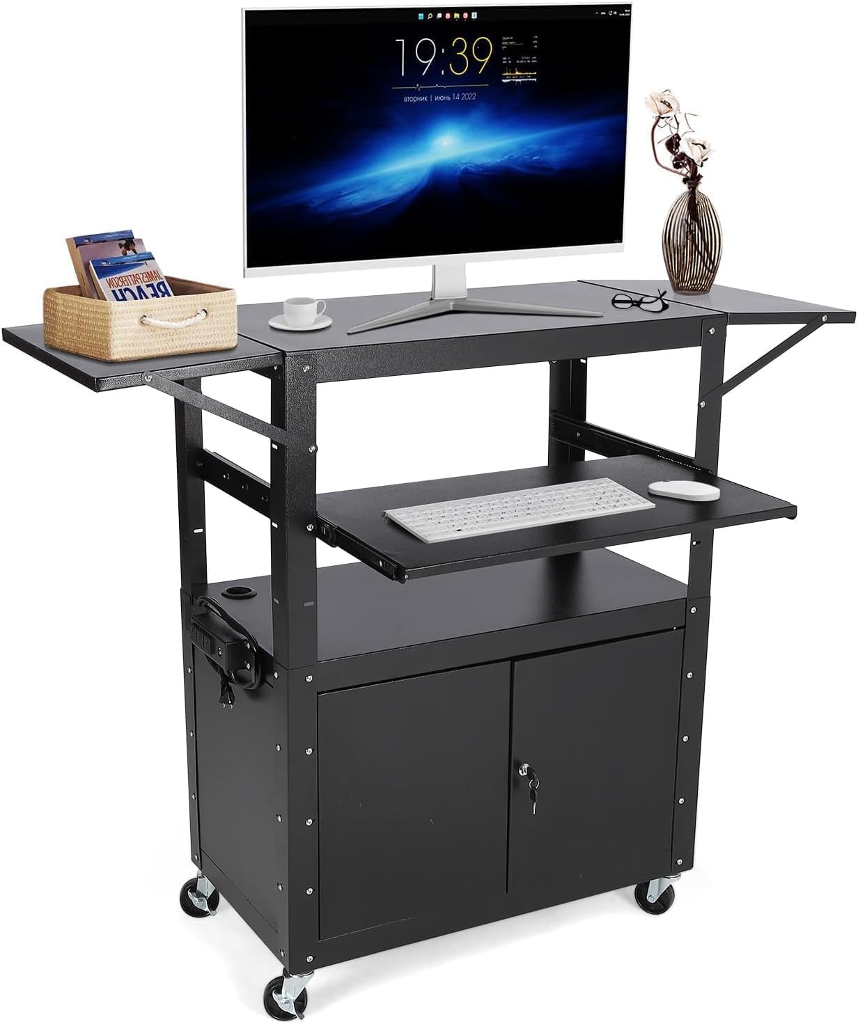 AV Cart, Rolling AV Cart with Lockable Cabinet, Mobile with Wheels, Hight Adjustable 24-42”, Media Carts with Extension Shelf, Perfect for Home or Office Use