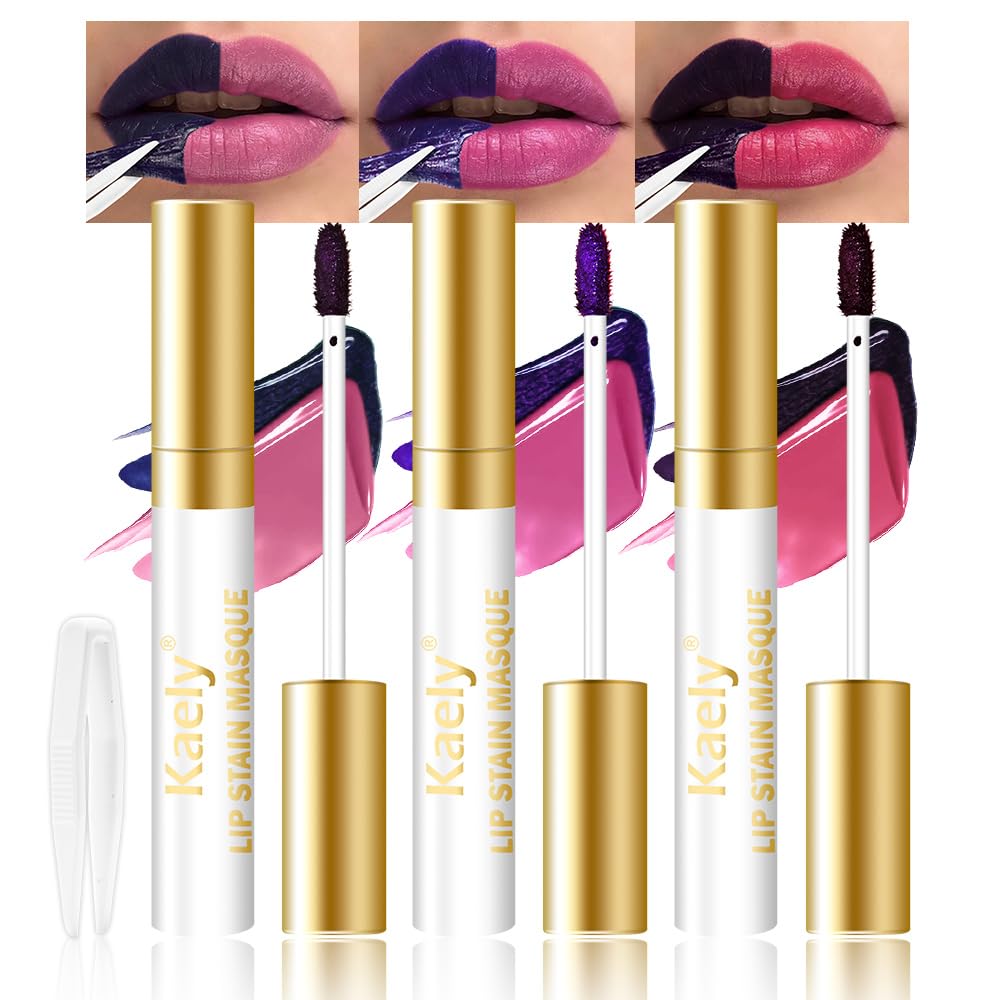 Kaely 3Pcs Lip Stain Peel Off Masque, Long Lasting Waterproof Smudge Proof Lip Tint, Non-Transfer Semi Permanent Lipliner Tattoo with Tweezer, Matte Finish, Vegan & Cruelty-Free, Set B-02+09+10 Set B-02+09+10 0.14 Fl Oz (Pack of 3)