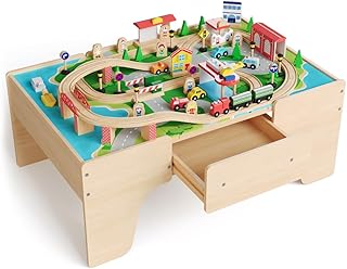 84 Piece Wooden Train Table for Toddlers & Kids, Multipurpose Activity Playset with Reversible Top, Built-in Storage Drawer & Train Tracks, Natural