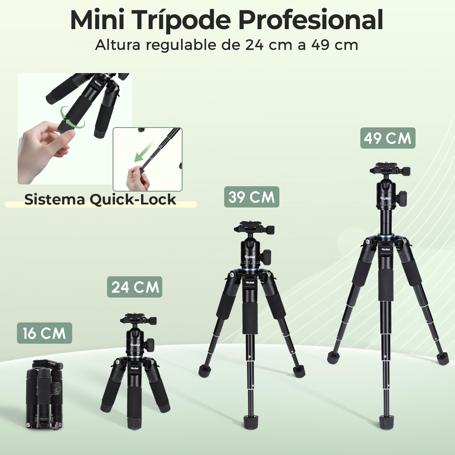 Rollei Mini Tripode Camara en Aluminio 49cm Compact Traveler Mini M1 | Trípode Pequeño Ligero de Viaja con Cabeza Esférica Arca Swiss Minitripode Mesa Compacto para DSLR Negro Carga 8kg
