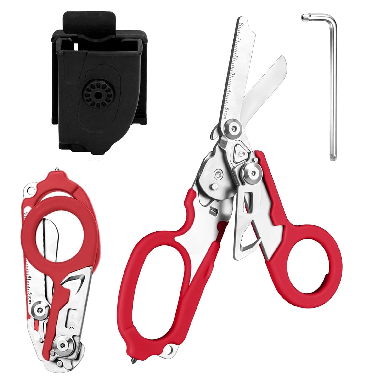 Rettungsschere Trauma Schere 6 in 1 Faltbar Trauma Schere Notfallschere Verbandsschere Mit K-Schutzhülle, Schraubenschlüssel für Professionelle Rettungsdienste, Outdoor Camping (Rot)