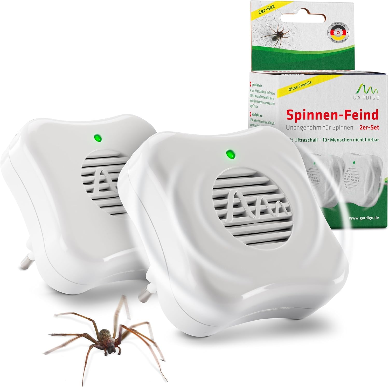 GARDIGO® 2X Repelentes para Arañas por Ultrasonidos | Antitelarañas, Ahuyentador de Arañas de Interior | 25 m² - 27 kHz | Antiarañas, Repelente Ultrasonico de Plagas, Repelente Ultrasónico para Araña