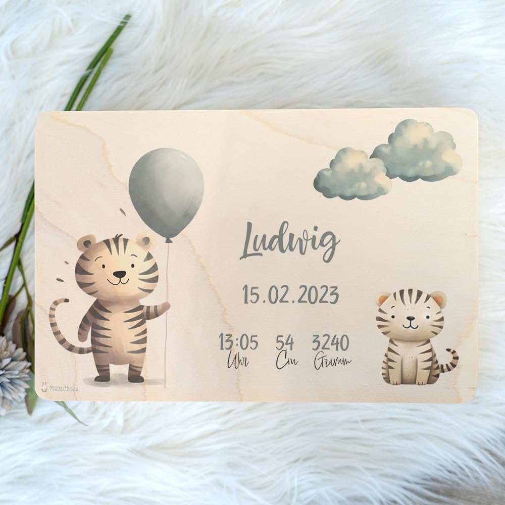 Geschenkfreude Erinnerungsbox Baby Personalisiert - 30x20x14cm - UV-Druck - Individuelle Baby Aufbewahrungsbox - individuelle Erinnerungskiste aus Holz - Einzigartige Geschenke zur Geburt - Tiger