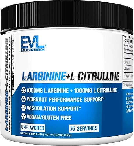Evlution Nutrition L-Arginina + L-Citrulina - Suplemento de resistencia + rendimiento de entrenamiento - Complejo de 2000 mg - Vasodilatación +