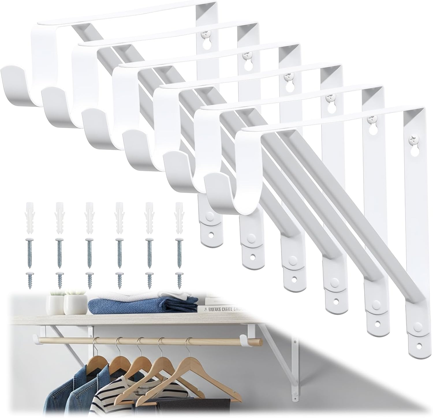 6 Pack Closet Shelf Rod Brackets, Wall Mounted Closet Shelves Support Brace with Hook, White ,with Screws-HOME MASTER HARDWARE