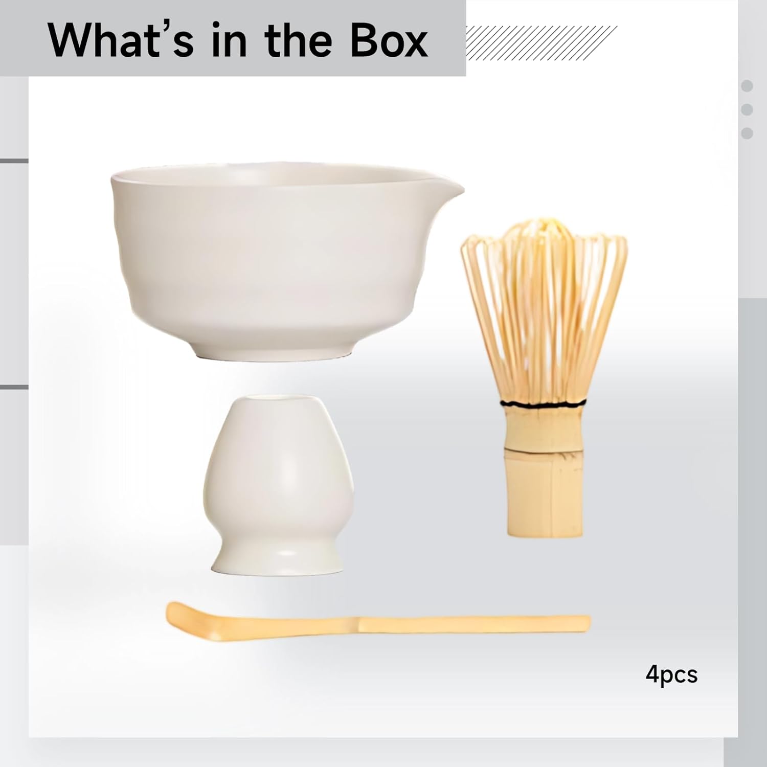 4 Pcs Matcha Tea Set, White Ceramic Japanese Kit, Bowl, Whisk, Holder and Scoop, Ideal for Ceremony