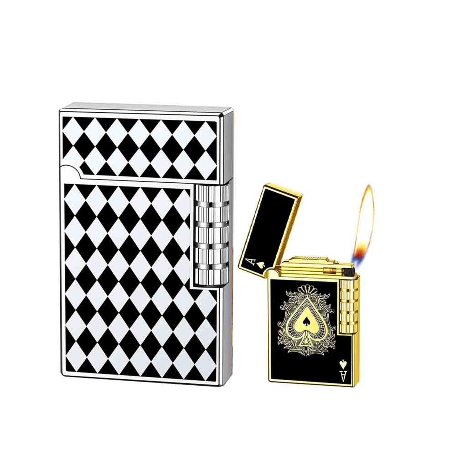 Mechero retro de metal abatible, diseño de llama en ángulo, rueda de molienda lateral de acero, relleno de gas para camping y uso de velas