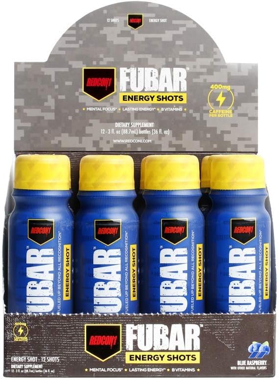 Redcon1 - FUBAR Fueled Up Beyond All Recognition - Case of 12 Energy Shots, Lasting Energy, B Vitamins, Increases Mental Focus, 400mg Caffeine (Blue Raspberry)