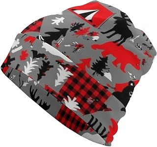 Women Men Beanie Hat Slap Hat, Large Cuff Cap Skull Caps for Outdoor Home, Football, Skate, Hip Hop Windproof Headwear - Vintage Happy Camp Red Bear Moose Lumberjack Cap