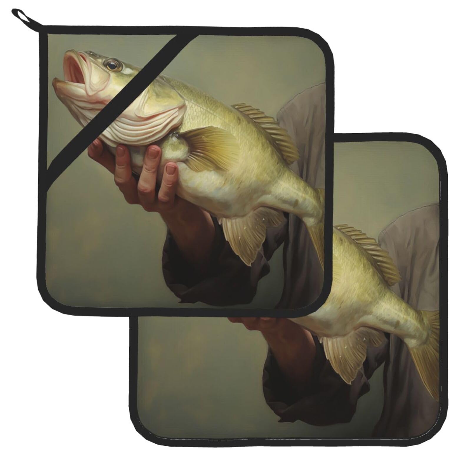 Pot Holder Set of 2 Heat Resistant Potholders Fishing for Bass Pot Holders Non Slip Kitchen Trivets Cooking Hot Potholder Washable Oven Mitts Oven Hot Pads for Kitchen Baking BBQ