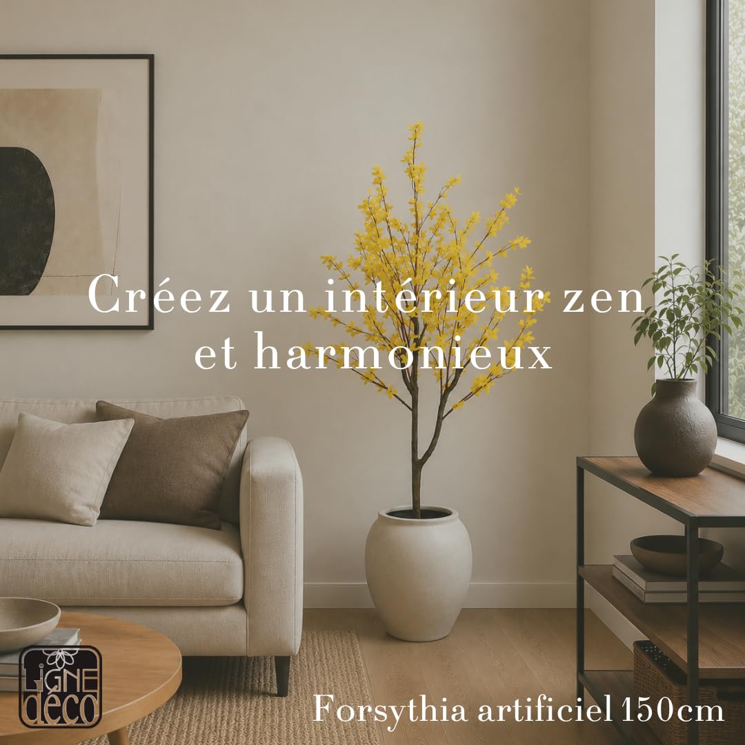 Ligne Déco – Forsythia Artificiel 150cm | Plante Artificielle Pot Plastique Noir Intérieur Imitation Terre