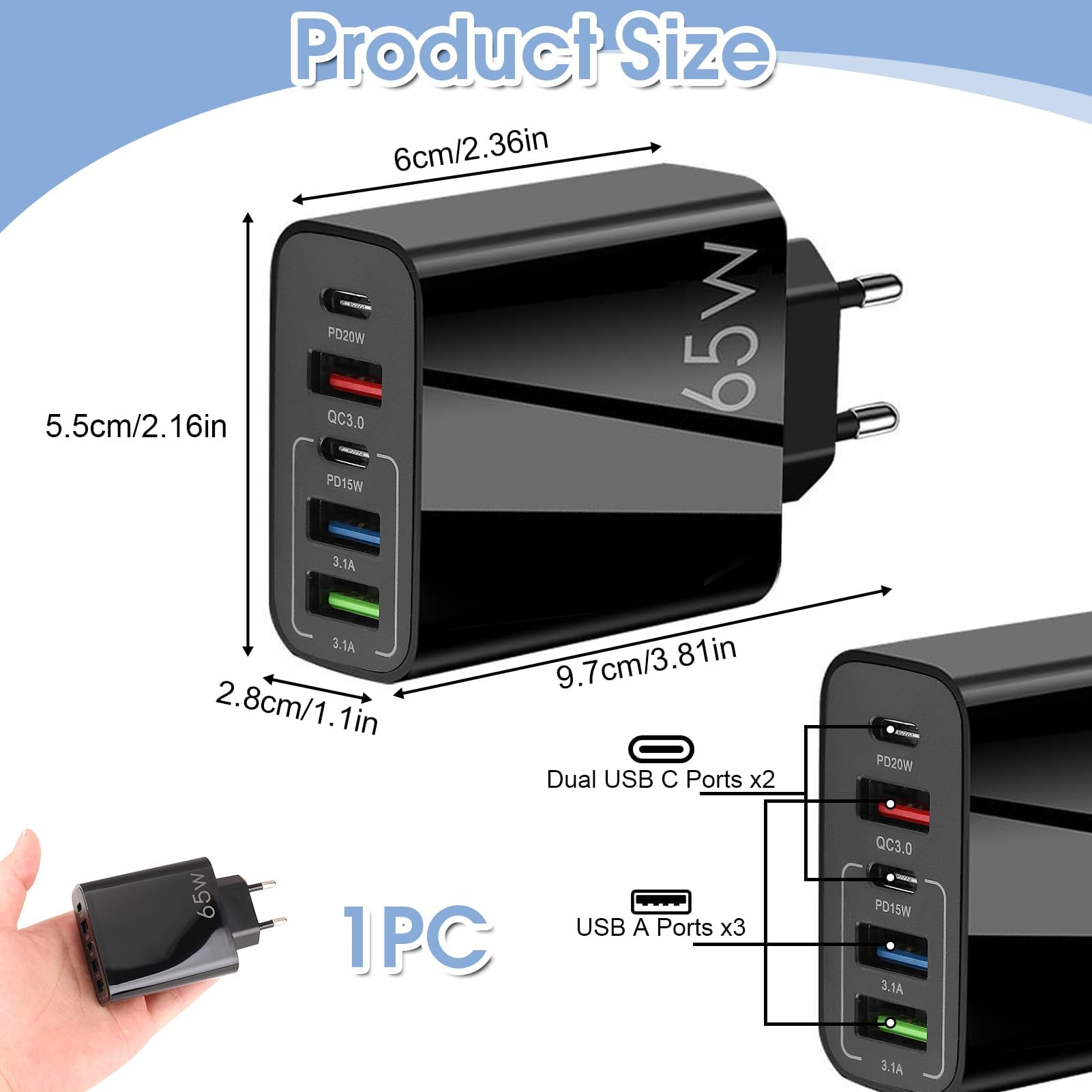 Meervoudige USB-C-oplader, 50 W 6 poorten, USB-laadstation netstekker, desktoplader usb c charger, snellader, stekker voor iPhone 16, 15, 14, 13, 12, 11, iPad, Pixel, Samsung Galaxy, oplader voor