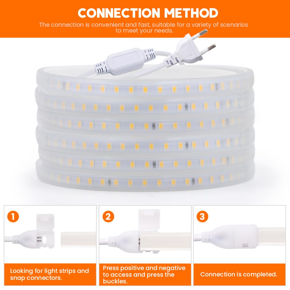 KISUFU Striscia LED, LED Flessibile 220V Striscia LED ad alta luminosità con cavo di alimentazione, impermeabile IP65 Nastri LED per Esterni, Feste, Decorazione per Feste, (Bianco naturale, 25M)