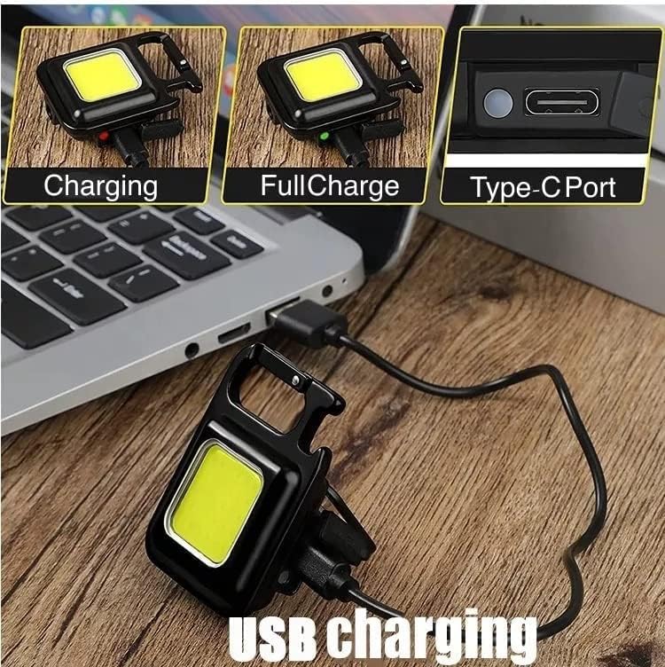 RPR800 Keychain Work Light connected to a laptop via USB-C cable for charging, showing charging indicator lights.