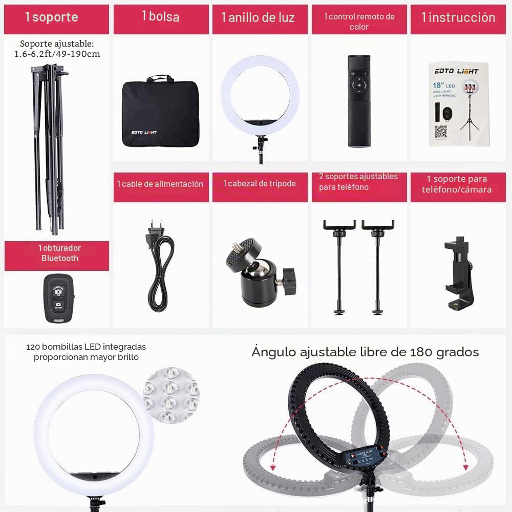 Anillo de Luz con Tripode 18", Ring Light Led con Control Remoto Bluetooth para Móvil Selfie Maquillaje Fotografia Youtube Tik Tok Live