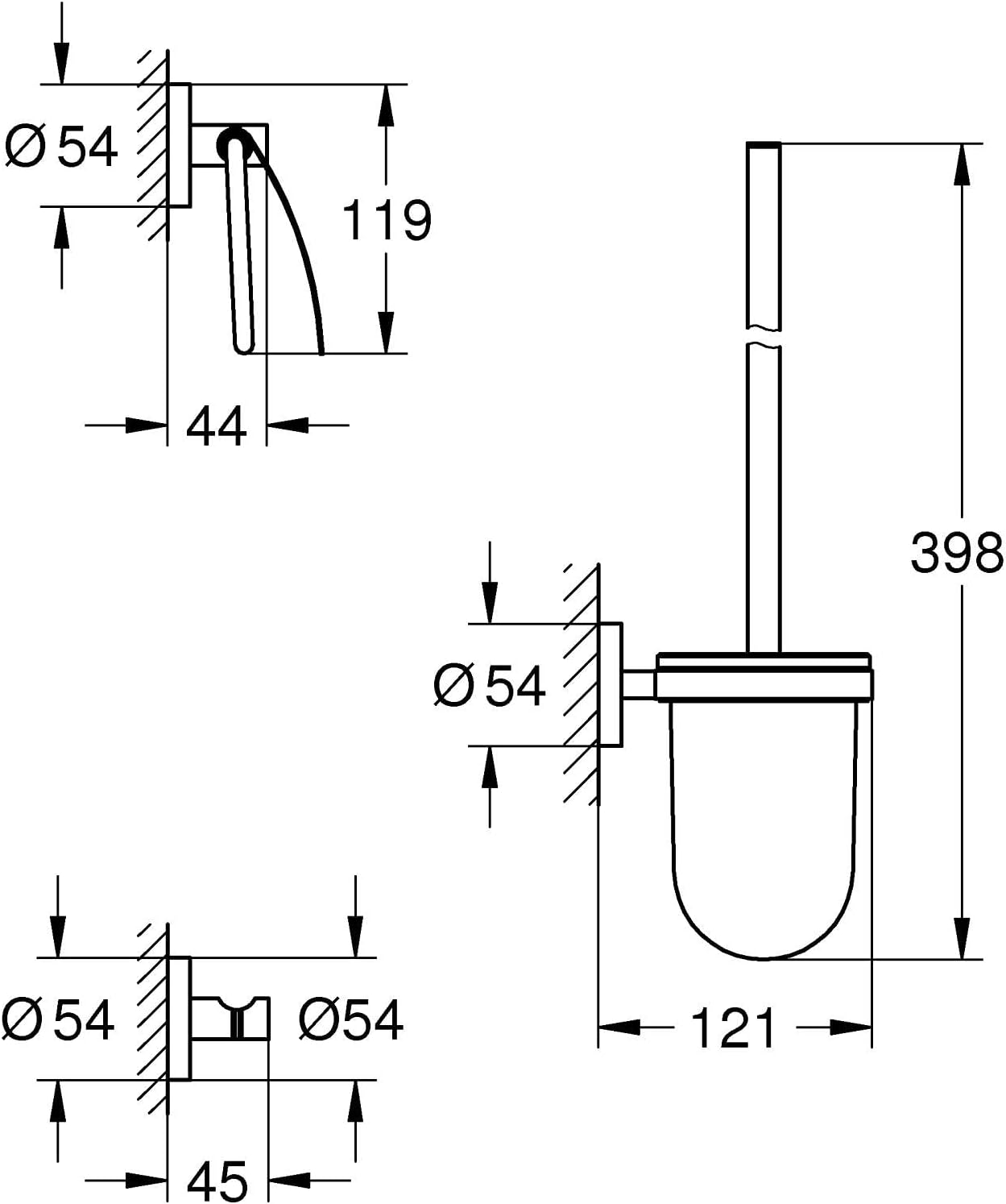 GROHE Start QuickFix 3-in-1 Toilet Accessories Set (Toilet Roll Holder with Cover, Toilet Brush, Robe Hook), Extra Easy to Fit with GROHE QuickGlue, Chrome, 41204000