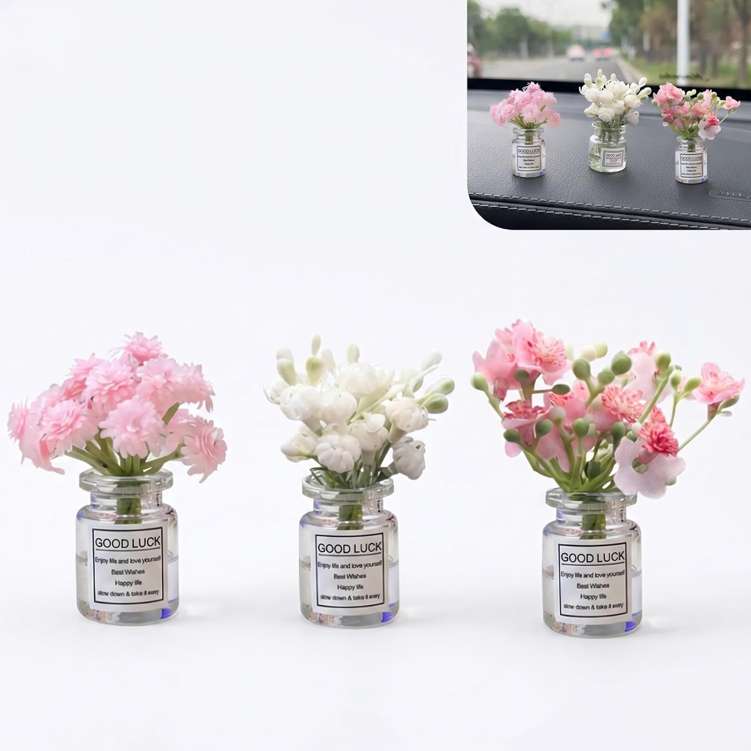 3PCS Mini Flower Car Dashboard Decorations, Cute Miniature Vase Car Dash Board Ornaments, Cartoon Auto Rearview Mirror Decors for Most Cars, Laptop, Home Decoration (Multicolored#Mixed)