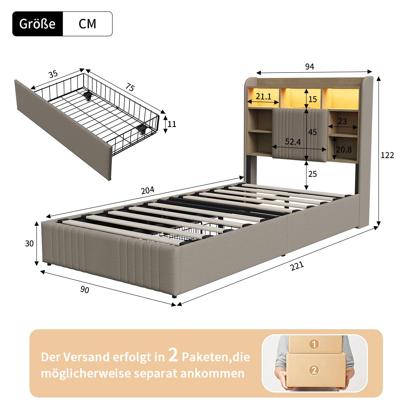 Letto singolo imbottito, 90 x 200 cm, con LED e vano portaoggetti, letto per ragazzi 90 x 200 cm, con illuminazione a LED e stazione di ricarica USB e tipo C, struttura imbottita con 2 cassetti