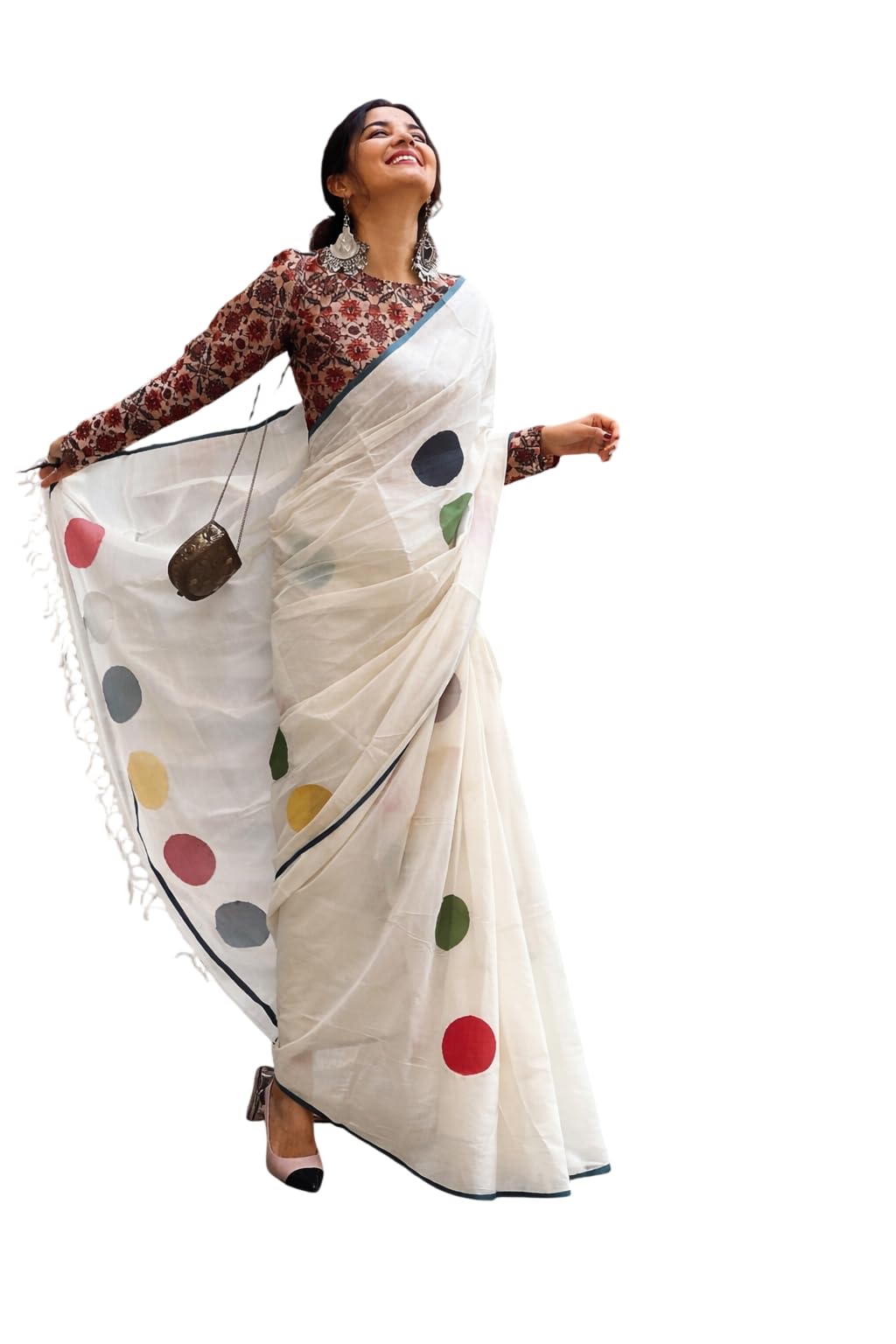 Elegant Off-White Linen Cotton Saree with Multicolor Polka Dot Print| Women's Soft Cotton Flower Printed Saree With With Unstitched Blouse Piece-picture-38