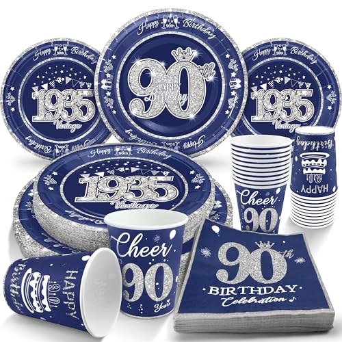 algpty 90th Birthday Decorations Blue and Silver, Service for 30, Vintage 90th Birthday Party Supplies Includes Blue and Silver 1935 Plates, Napkins,Cups, Plates and Napkins for Men Women