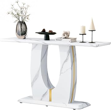 Marle Console Table for Entryway, Modern White Sofa Entrance Table with Faux, Travertine Stone Hallway Tables with U-Shaped Base for Living Room, Foyer