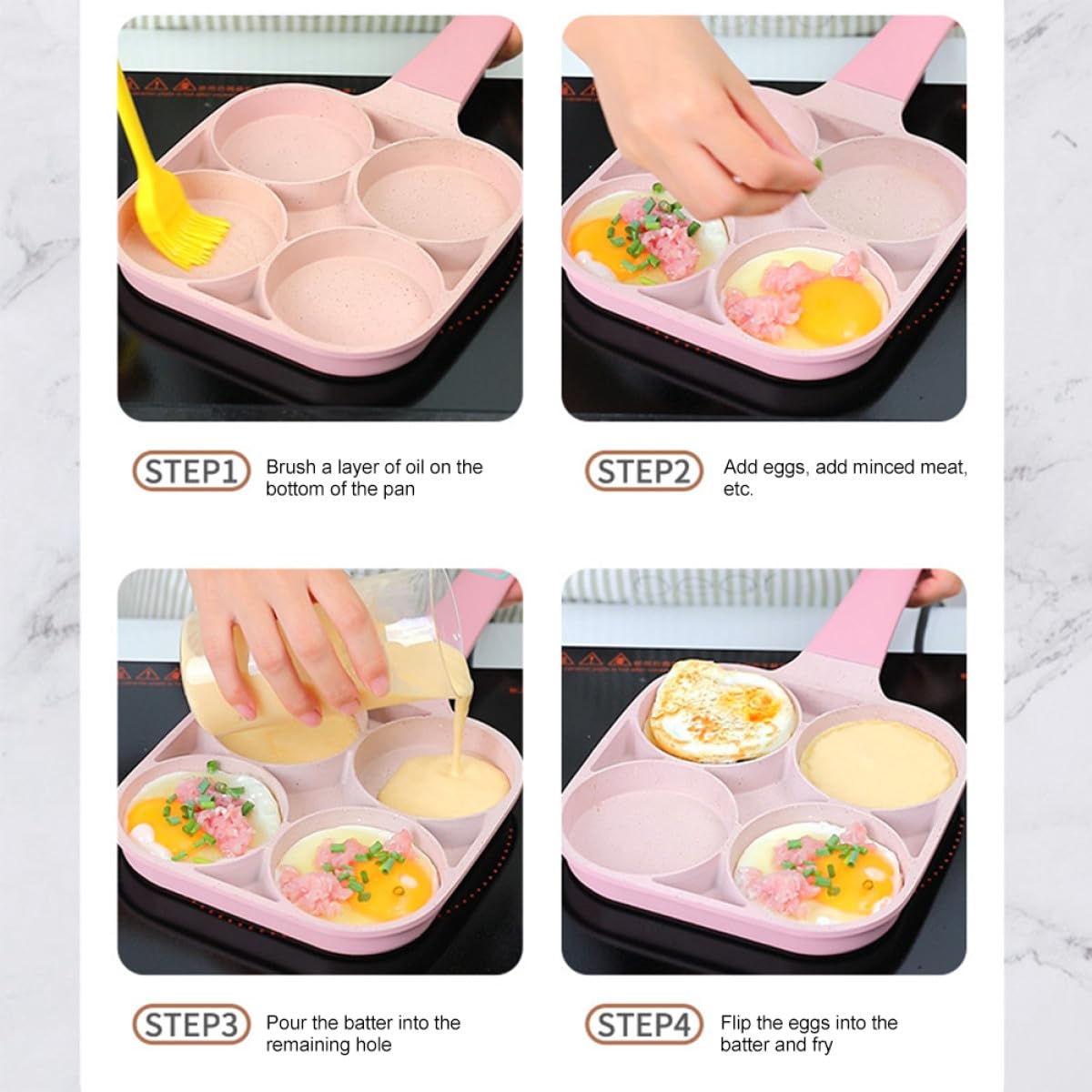 TOYANDONA Padella Antiaderente per Uova Multiforo 4 Fori, Pentola Compatta e Leggera per Colazione Domestica, Padella Pratica per Cucinare Hamburger e Frittate, Strumento da Cucina Facile