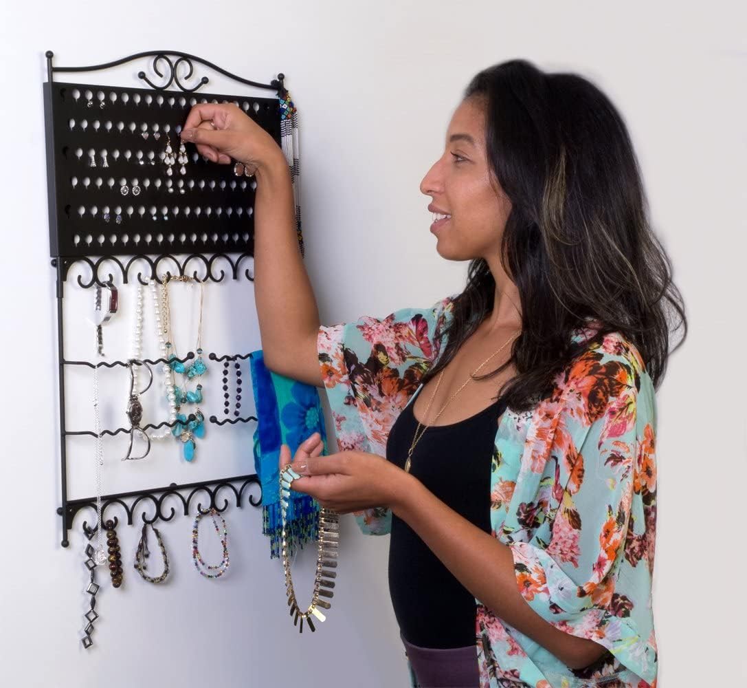 Mango Steam Deluxe Wall Mounted Closet/Wardrobe Display Hanger Organizer for Jewelry & Earrings With Hooks & Bar for Necklaces, Bracelets, Accessories - Black