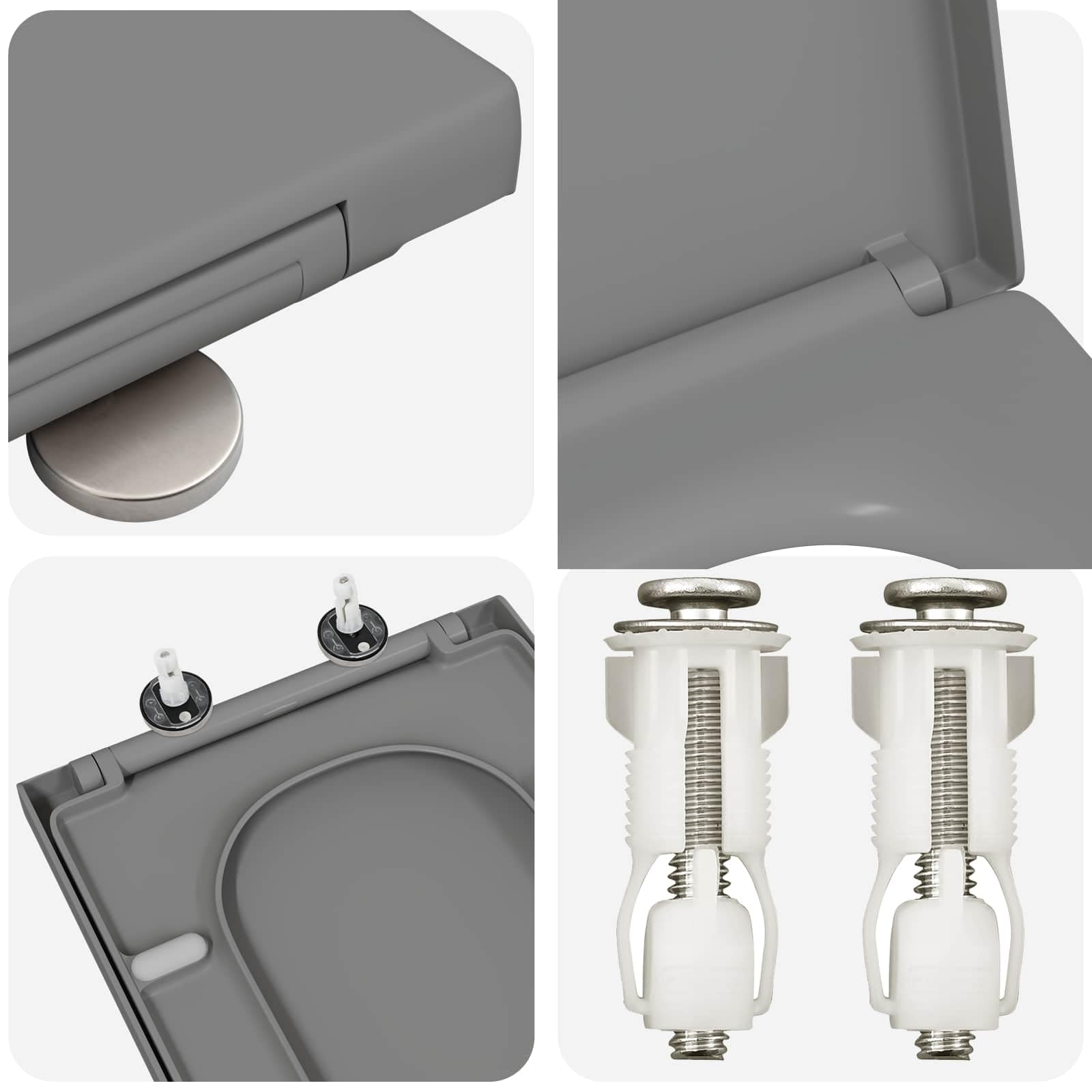 Asiento de inodoro gris 47,5 x 35 x 3,6 cm de Duroplast con descenso automático para inodoro, tapa con bisagra, renovación de baño