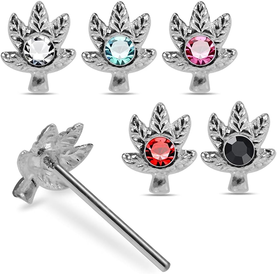 Crystal Stone Embossed Marijuana Leaf 22 Gauge 925 Sterling Silver Straight Nose Pin - Nose Stud - Tiny Nose Ring - Nose Piercing Body Jewelry