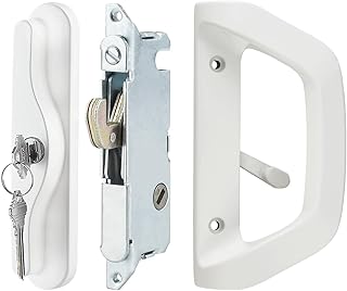 Sliding Door Lock and Handle Set with Key for Sliding Glass Door Lock, Fits Door Thickness 1-1/2" to 1-3/4", 3-15/16” Screw Hole Spacing, Reversible Design(Non-Handed) White