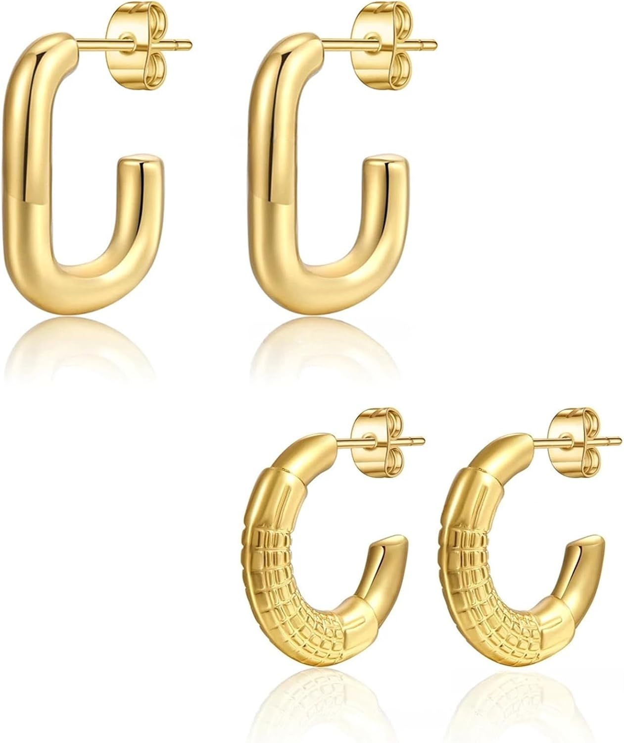 14K Gold Plated Stainless Steel Chunky Hoop Earrings Set, Semi-Closed, Simple Style, Classic Thick Hoops for Women