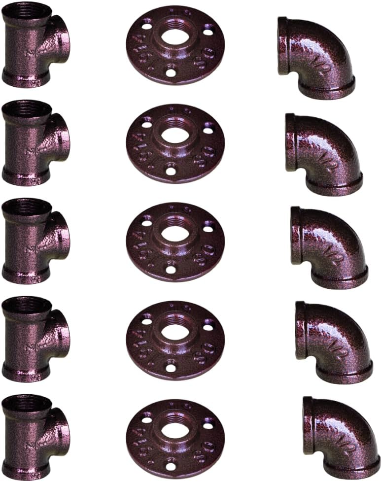 1/2" Pipe Fittings Flange, Elbow, Tee - 5 Each Multi-Pack: Industrial Threaded Black Iron Pipe Fittings for Decorative DIY Shelving, Furniture & Industrial Pipe Decor (15 Pack)
