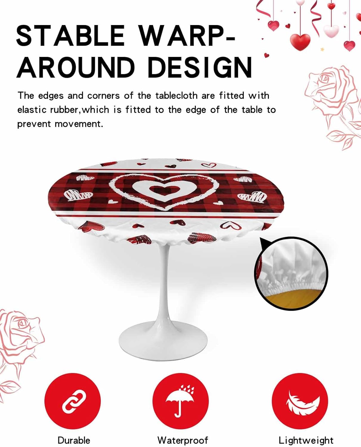 Valentine's Day Round Tablecloth Love Heart Fitted Table Cover with Elastic Edge Black Red Buffalo Plaid Waterproof Table Cloth for Dining Cafe Picnic, Fits Round Table up to 36"-44" Diameter