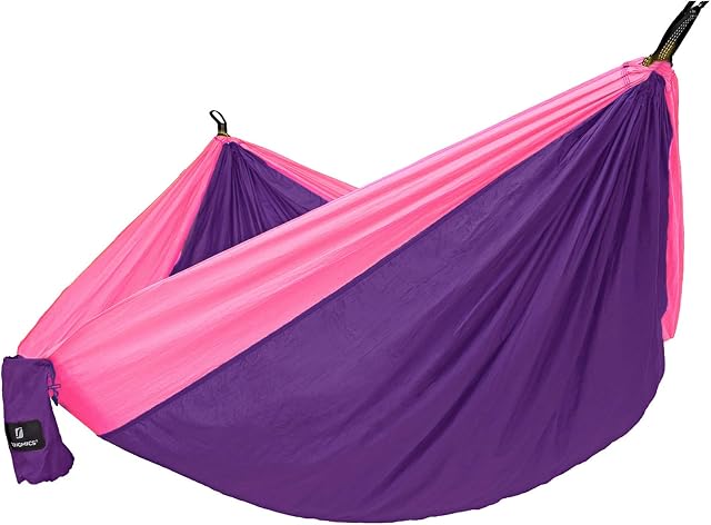 SONGMICS Hamak, ultralekki, przenośny i przepuszczający powietrze, dla 2 osób, wykonany z nylonu spadochronowego, 275 x 140 cm, z mocowaniem premium, do podróży, na kemping, do ogrodu, GDC14PK
