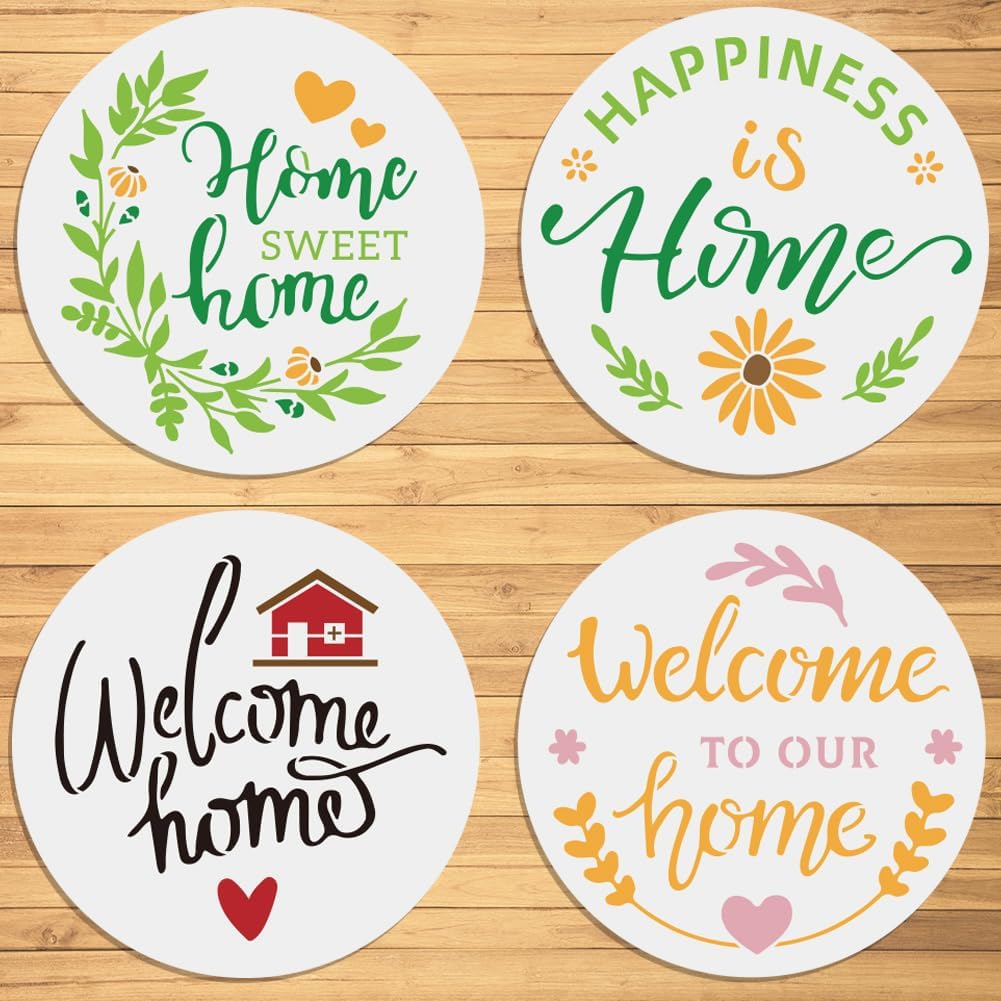 MAYJOYDIY 12pcs Welcome Stencils for Painting On Wood House 12" Round Large Reusable Welcome Letters Stencils for Wood Sign Art Templates with Paint Brush Front Door Wall Floor Decor