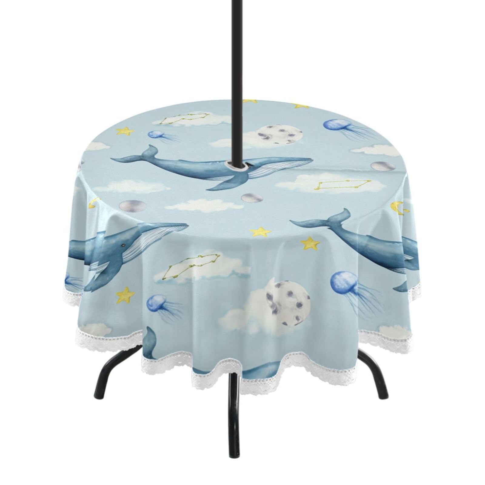Ttgoth Whale Outdoor Table Cloth 152 cm Water Stain & Resistan Tablecloth Wipeable Table Cover with Parasol Hole & Zipper for Garden Patio Party Picnic