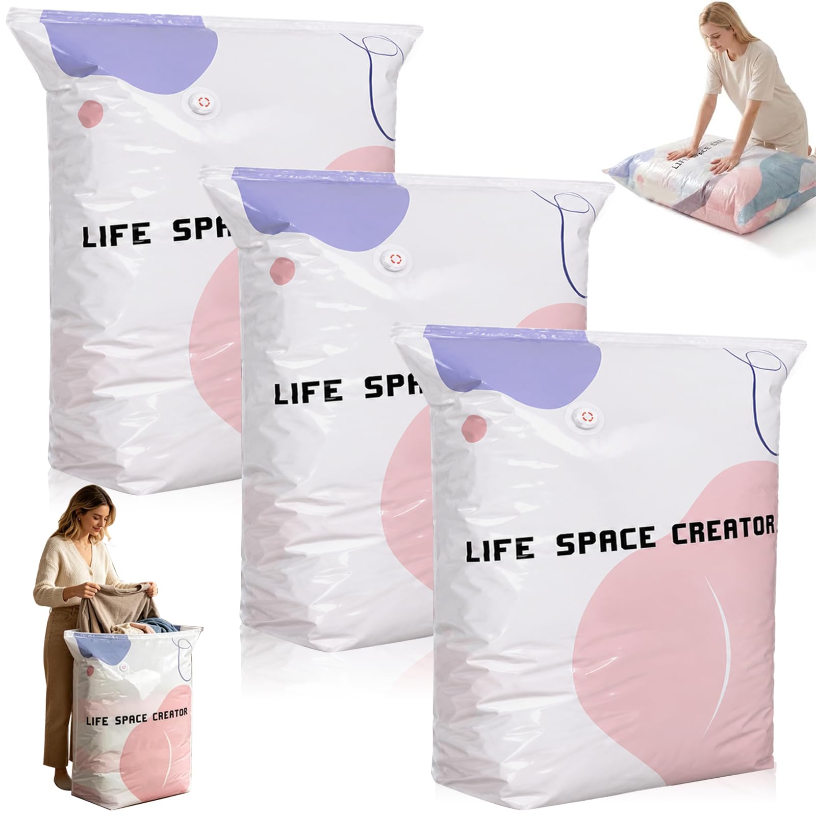 3Pcs No-Pump 3D Vacuum Storage Bags, Press and Seal Saver Compression Bags