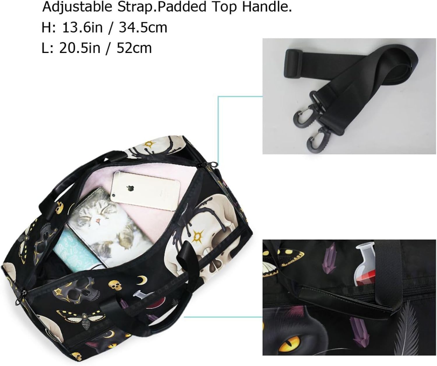 Travel Duffel Bags Black Cat Skull Moth Sports Duffel Bag Gym Bag Travel Luggage Overnight Bags for Men Women Duffel Bags with Adjustable Strap for Traveling