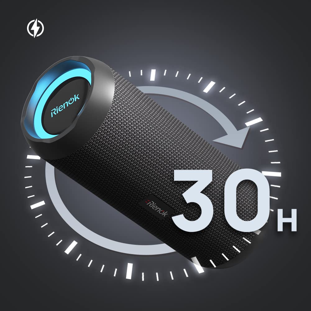 RIENOK Bluetooth Lautsprecher 30W mit Licht Bluetooth 5.3 Musikbox Bass Kabellos Box mit IPX7 wasserdicht Stereo Sound Tragbar