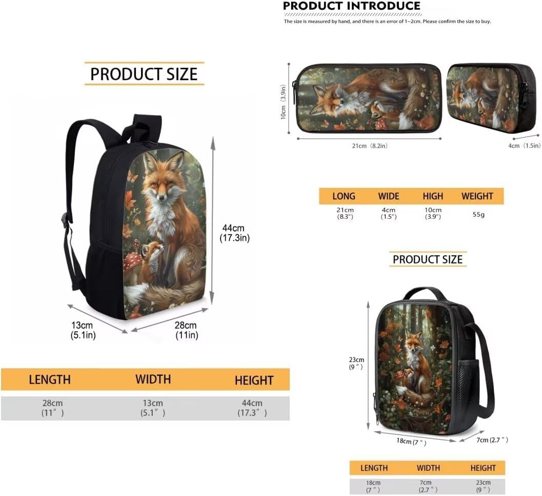 Beauty Collector Forest Fox Backpack and Lunch Bag Set for Kids Elementary School Bookbag Set with Lunch Box and Pencil Case