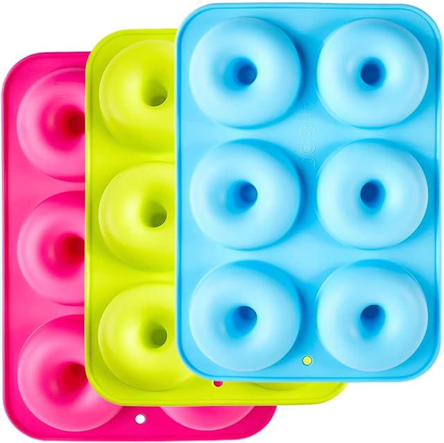 Silicone Donut Moulds,3 Pack Silicon Doughnut Mould,Large Non-Stick 6 Cavity Molds Doughnut Tray Donut Pan,Bagel Baking Tin,Muffin Cupcake Biscuit Doughnut Maker,Bakeware,Baker Tool-Blue,Red,Green