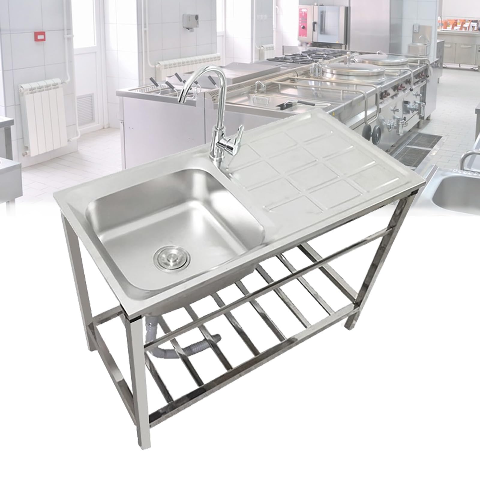 Fregadero de jardín de acero de grado comercial con grifo frío y caliente, fácil montaje, ideal para preparación de alimentos, jardinería y soluts al aire libre
