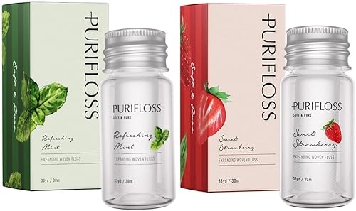 Miniatura 1 de Hilo dental tejido expansible de primera calidad, sin PTFE y PFAS, menta refrescante y dúo de fresa dulce, recomendado por dentistas, apto para