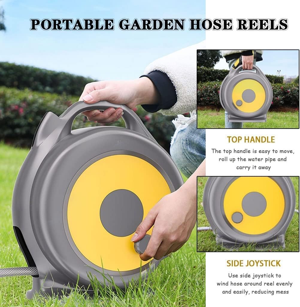 Carrete para manguera de agua, juego de herramientas de agua a alta presión, carrito portátil compacto para manguera de jardín, soporte integrado para mangueras de baño de mascotas (color: amarillo,