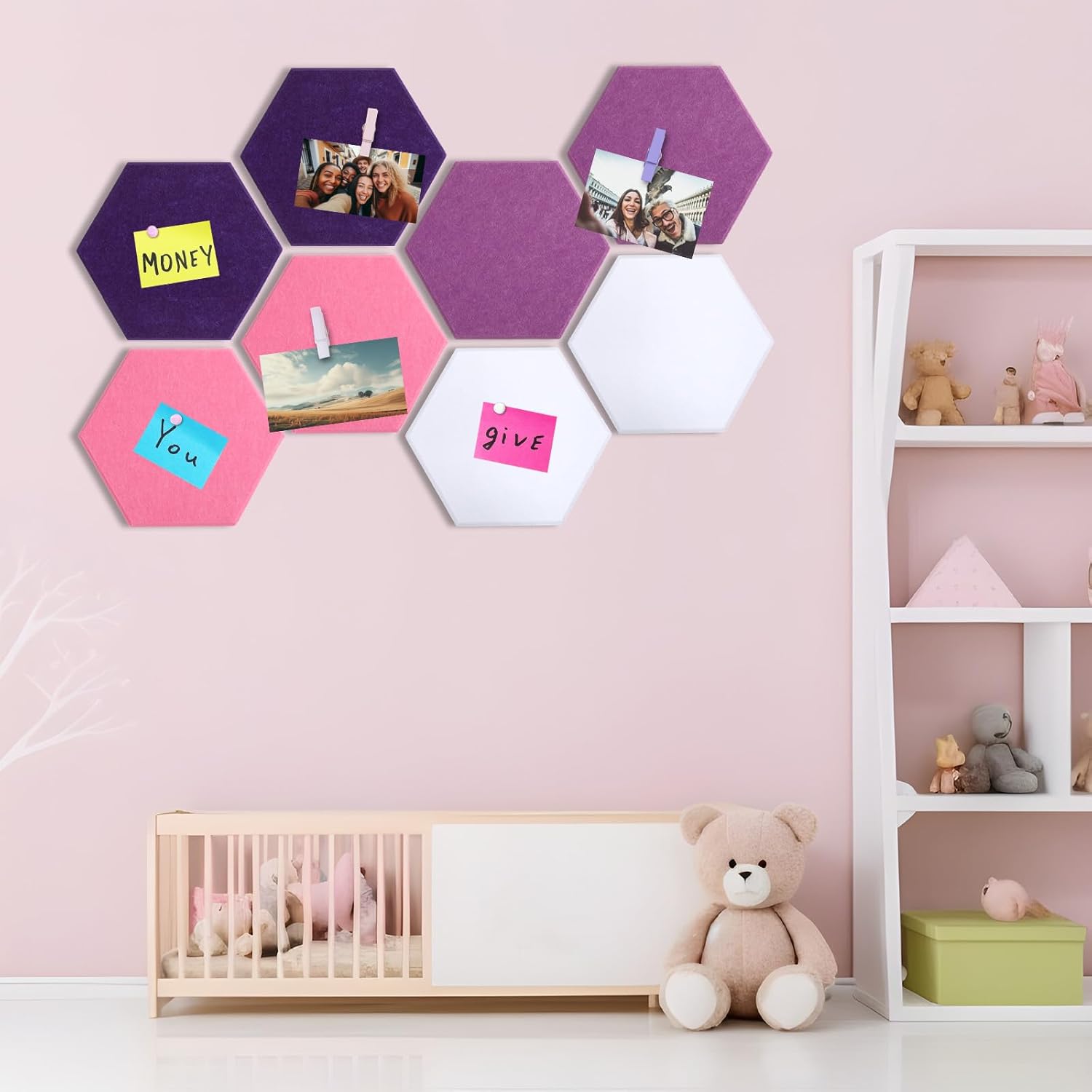 Mooliwe 8 Pcs 12" Large Hexagon Felt Cork Bulletin Board Tiles Self Adhesive DIY Pin Board with 50 Push Pins and 10 Colored Clips, Wall Decor for Office Home Kitchen Photos Memos(Pink)